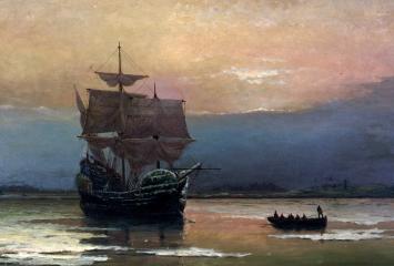 Mayflower in Plymouth Harbor, by William Halsall