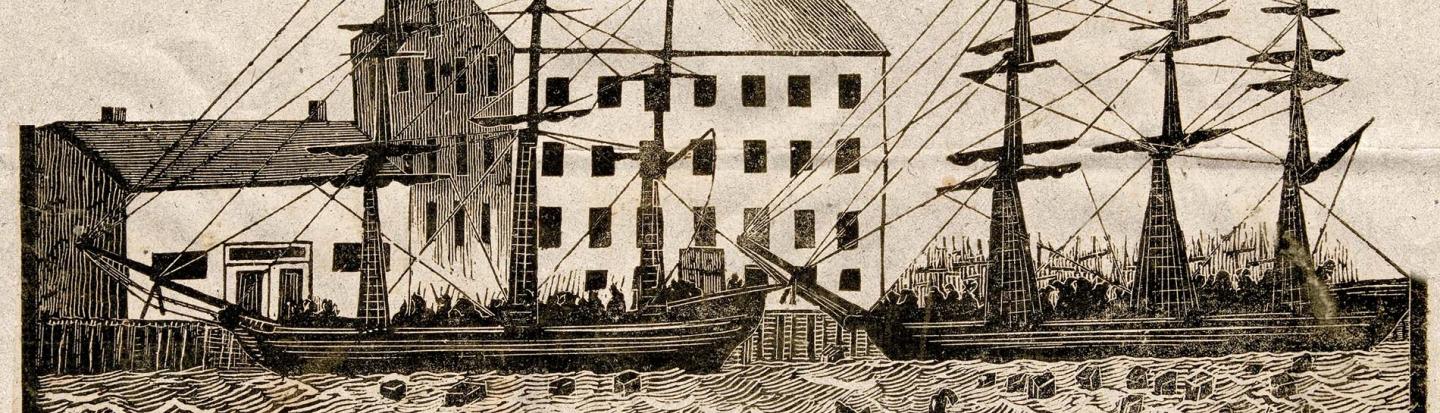 Blockcut print of the Boston Tea Party scene