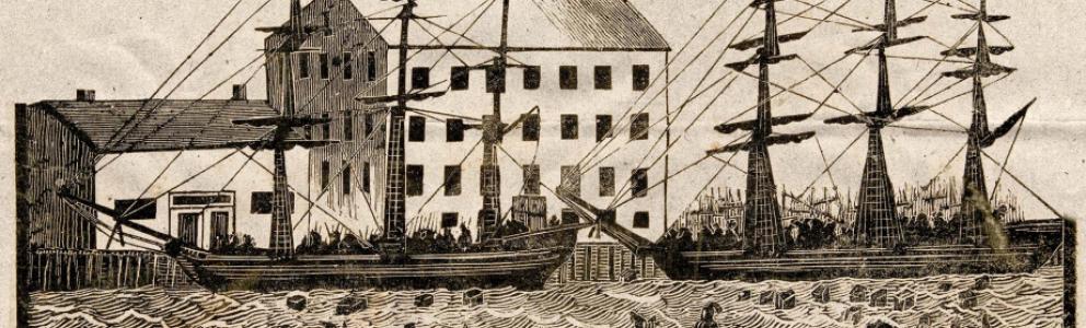 Blockcut print of the Boston Tea Party scene