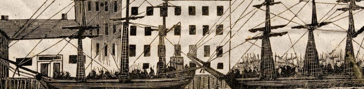 Blockcut print of the Boston Tea Party scene