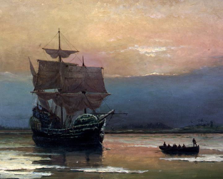 Mayflower in Plymouth Harbor, by William Halsall