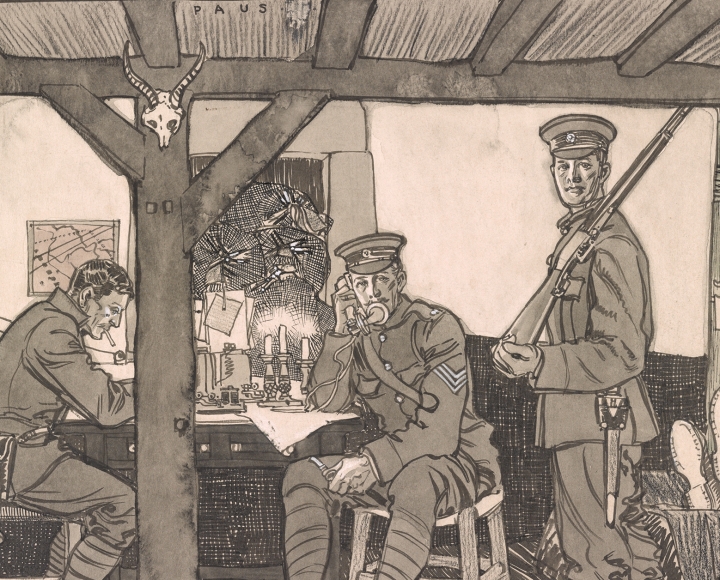 For Those Who Served: Military Research from Colonial Conflicts to World War II Drawing shows four soldiers inside a house