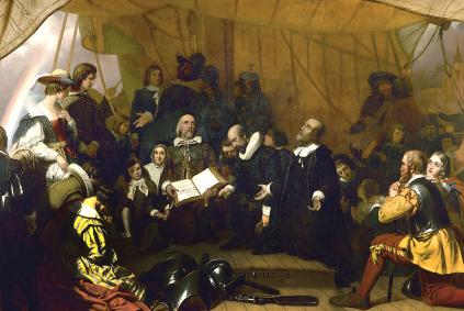 Painting depicting a clandestine meeting of Puritans