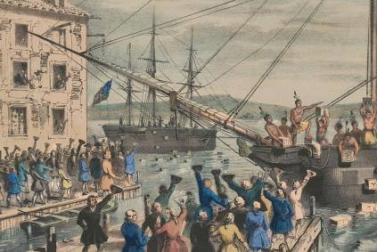 Destruction of tea at Boston Harbor Library of Congress