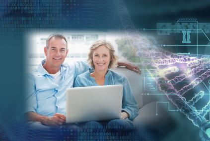 Using AI in Family History Research man and woman on a laptop with dna computer graphics